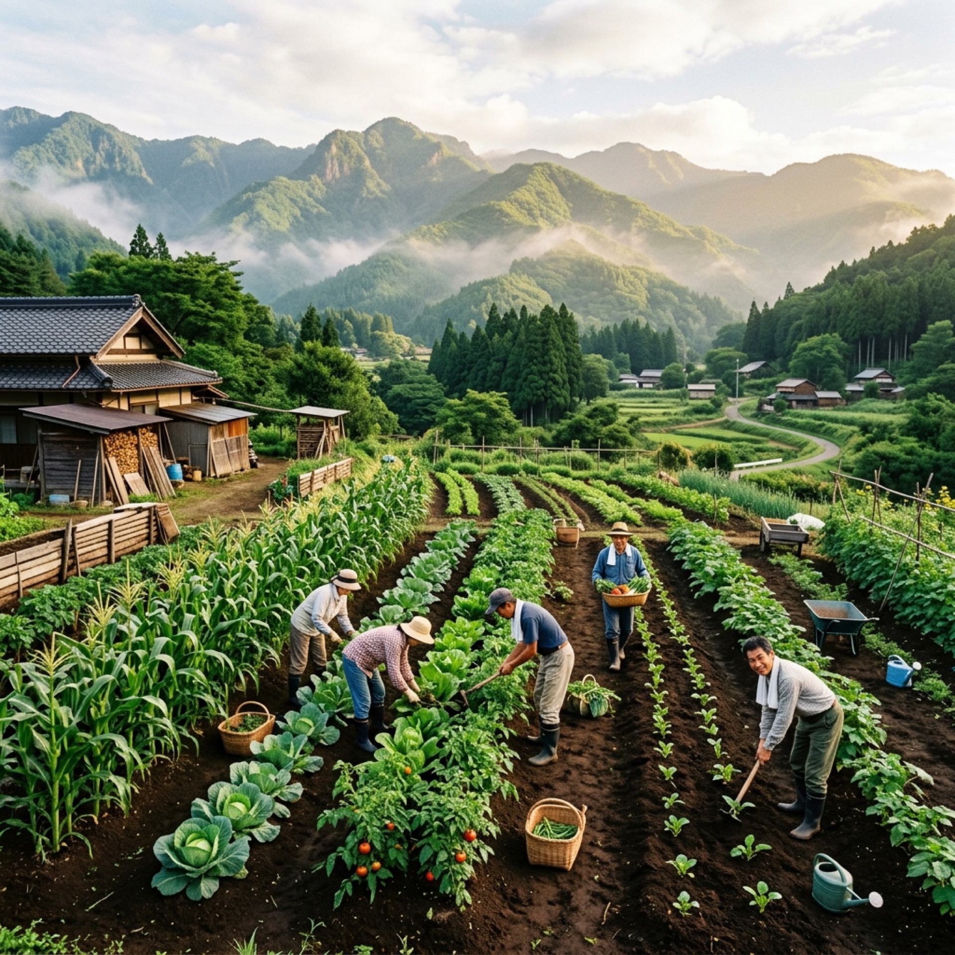 飯綱の農地で作業する風景